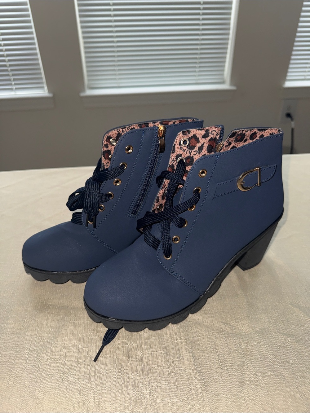 Navy Lace-Up Boots with Leopard Lining (never worn)